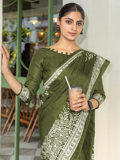 Olive Bagru Dola Silk Printed Saree
