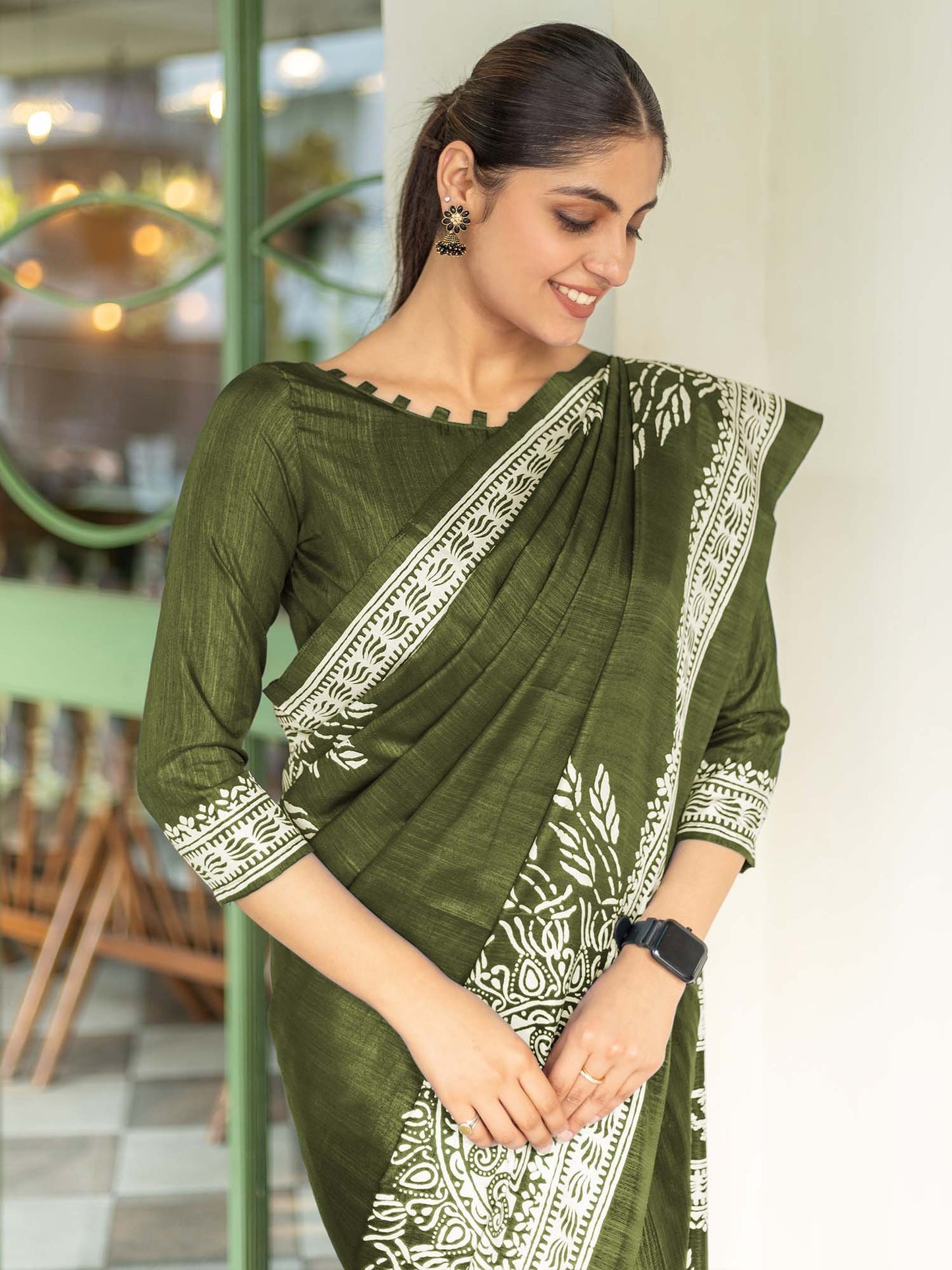Olive Bagru Dola Silk Printed Saree