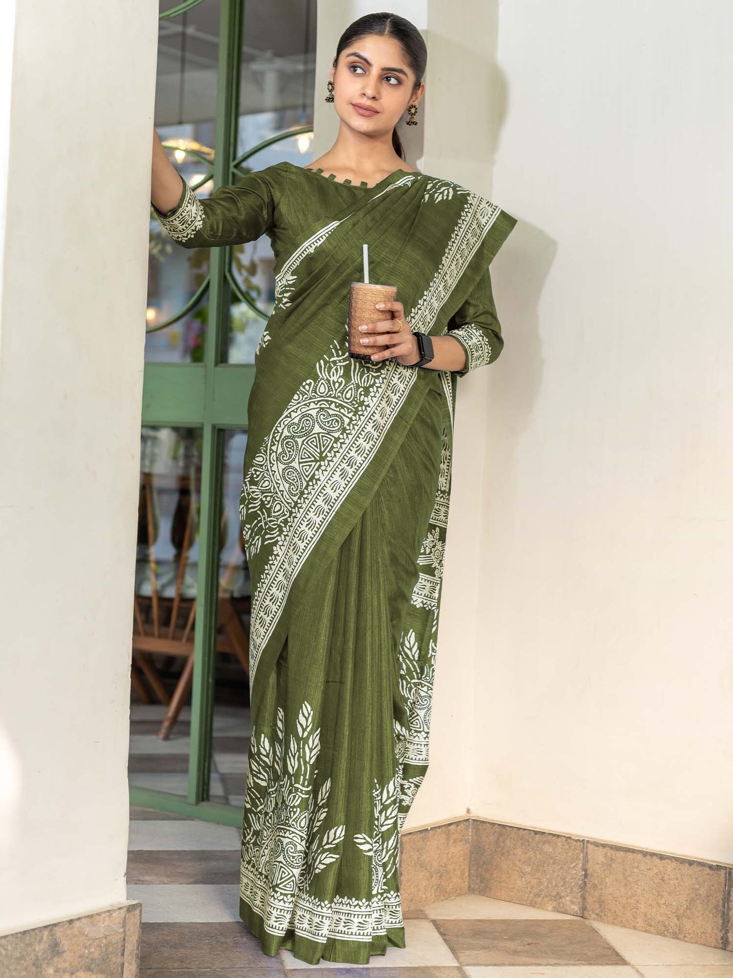 Green Olive Bagru Dola Silk Printed Saree