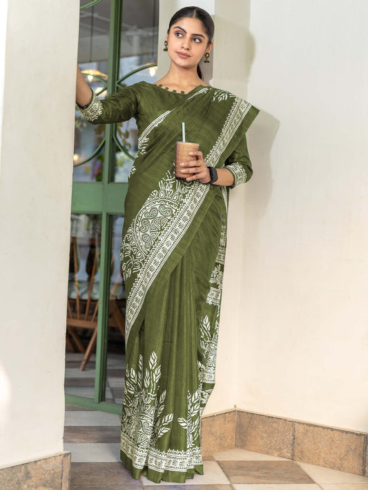 Green Olive Bagru Dola Silk Printed Saree