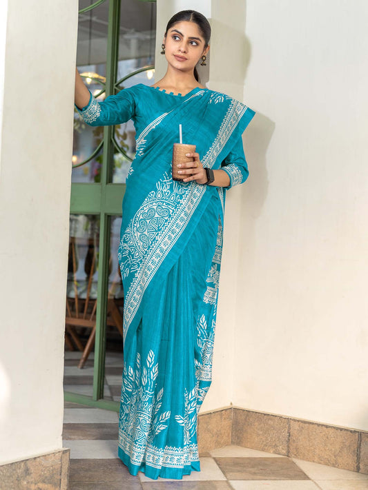 Blue Light Bagru Dola Silk Printed Saree
