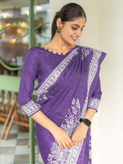 Lavendar Bagru Dola Silk Printed Saree