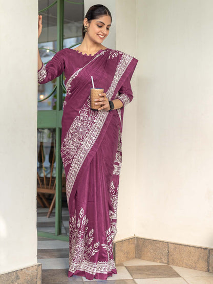 Magenta Bagru Dola Silk Printed Saree
