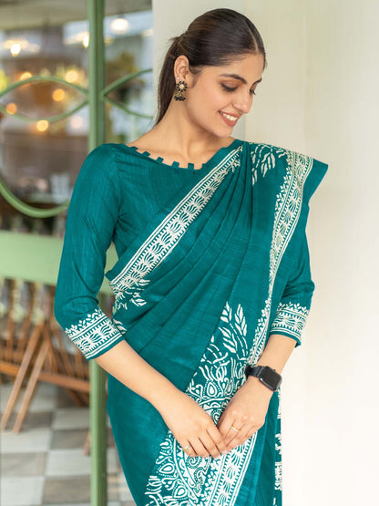 Teal Bagru Dola Silk Printed Saree