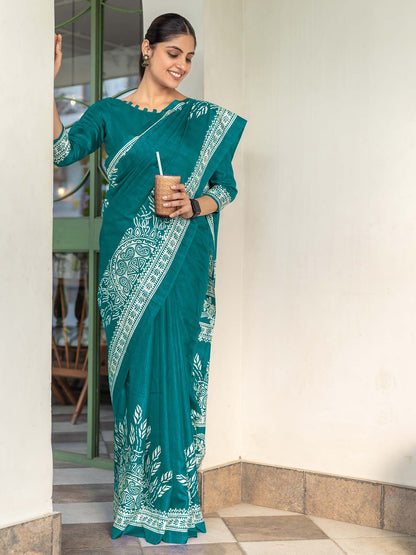 Teal Bagru Dola Silk Printed Saree