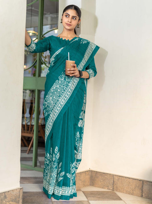 Blue Teal Bagru Dola Silk Printed Saree