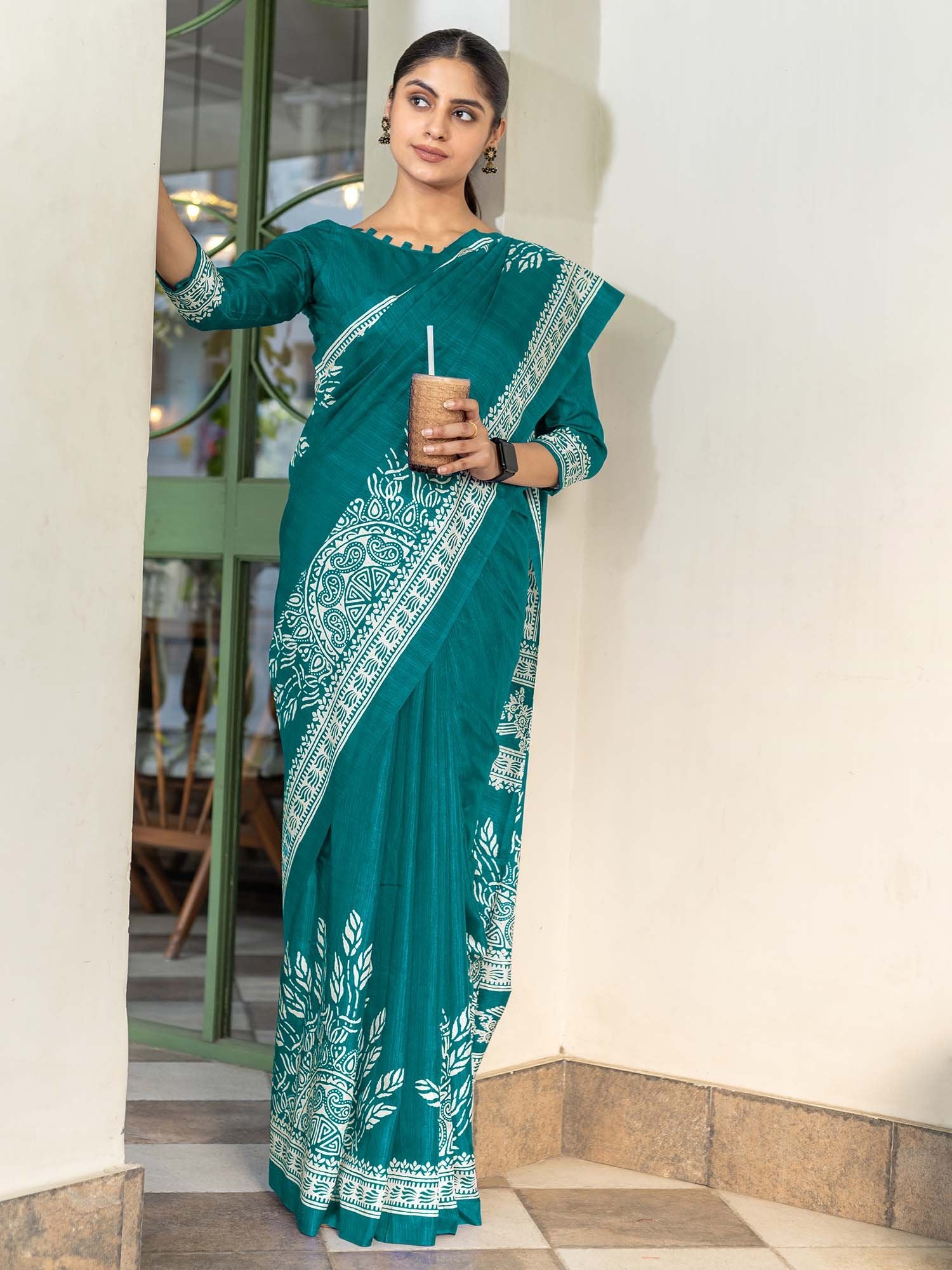 Blue Teal Bagru Dola Silk Printed Saree