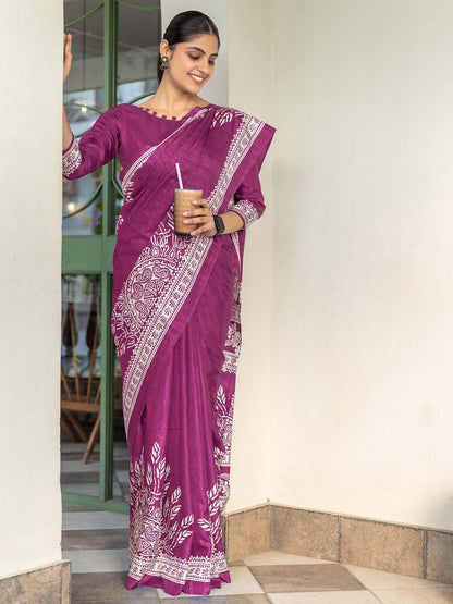 Pink Bagru Dola Silk Printed Saree