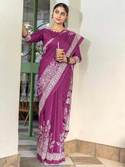 Pink Pink Bagru Dola Silk Printed Saree