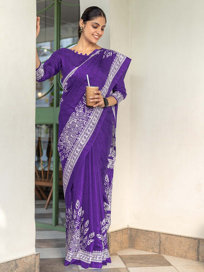 Purple Bagru Dola Silk Printed Saree