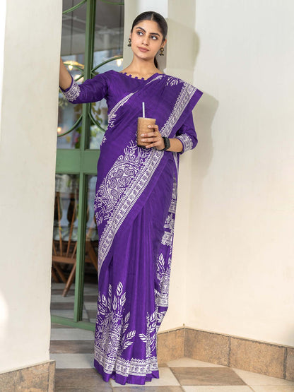 Purple Purple Bagru Dola Silk Printed Saree