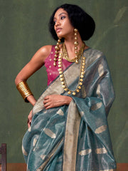 Teal Greyish Blue Paithani Tissue Festive Saree