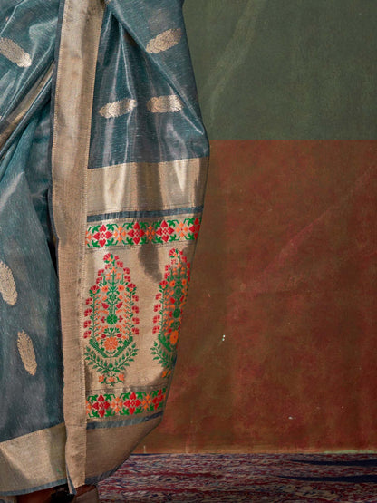 Teal Paithani Tissue Woven Saree