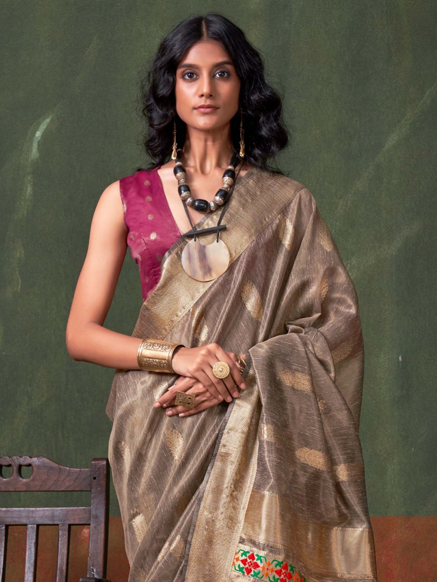 Beige Paithani Tissue Woven Saree