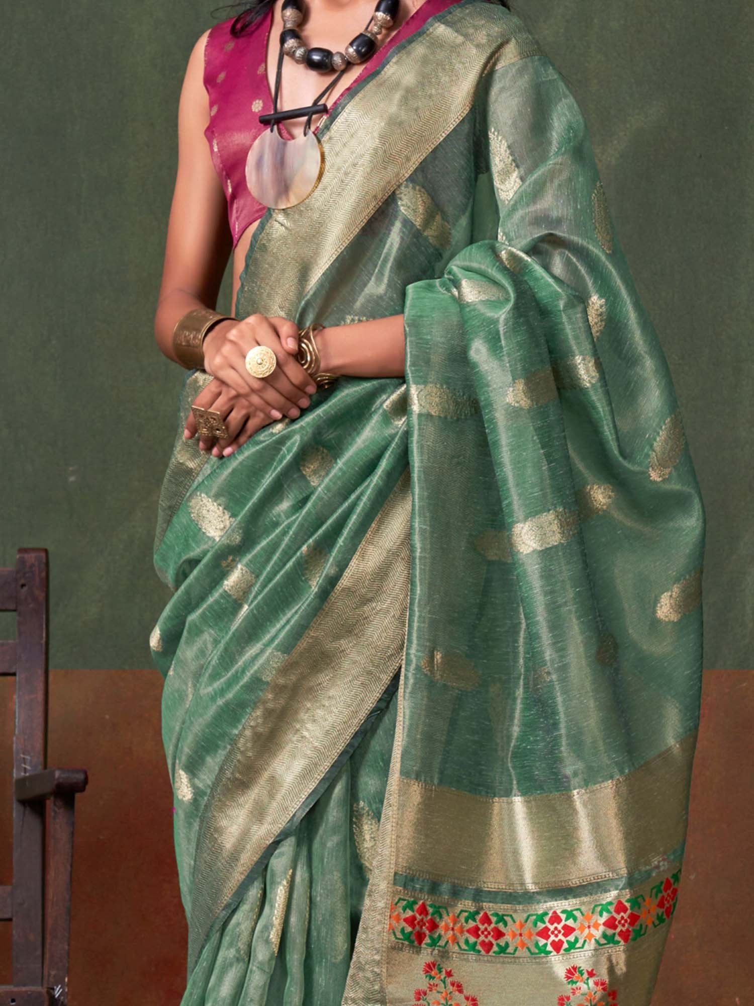 Teal Greyish Green Paithani Tissue Festive Saree