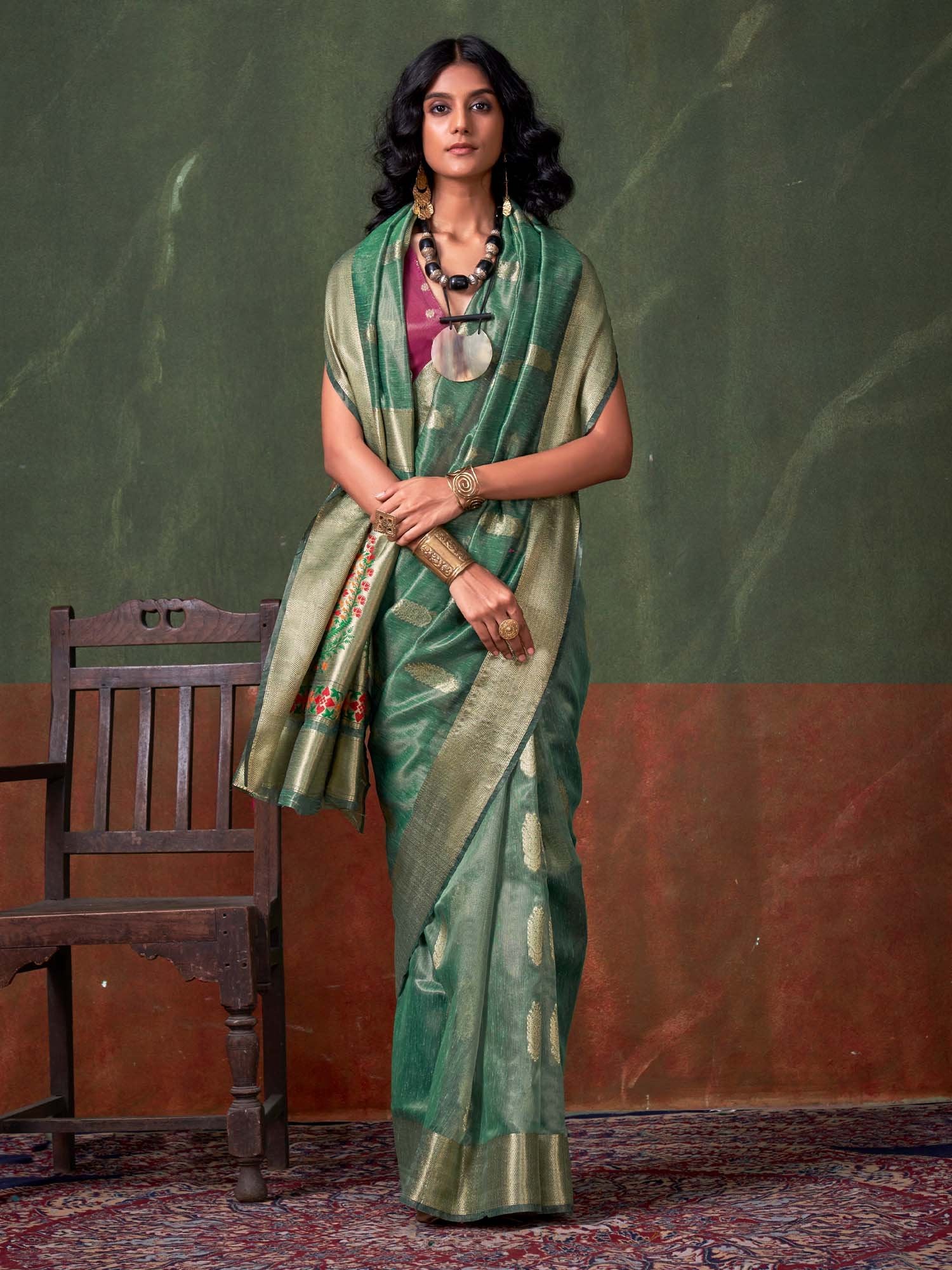 Green Teal Paithani Tissue Woven Saree