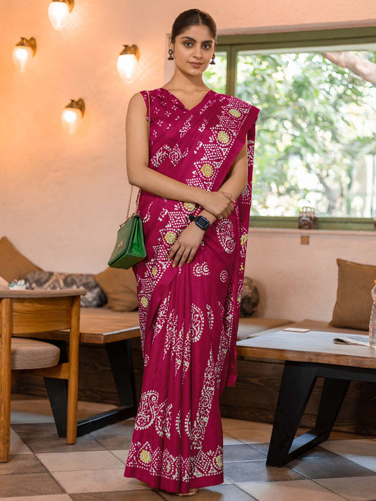 Pink Pink Bagru Dola Silk Printed Saree