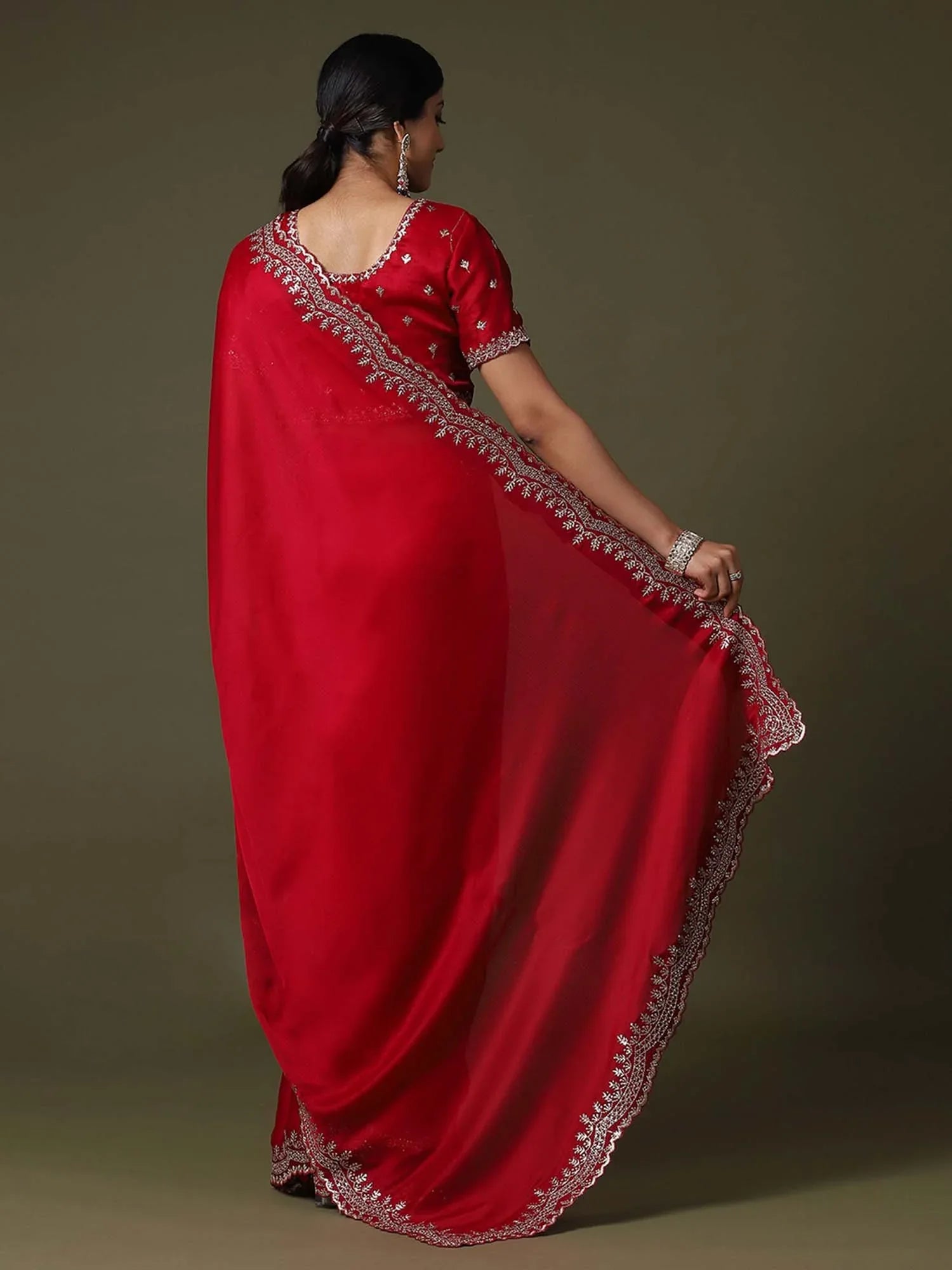 Red Party Wear Satin Silk Embroidered Saree
