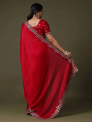 Red Party Wear Satin Silk Embroidered Saree