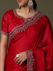 Red Party Wear Satin Silk Embroidered Saree