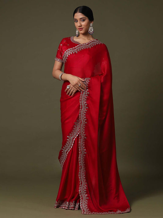 Red Red Party Wear Satin Silk Embroidered Saree