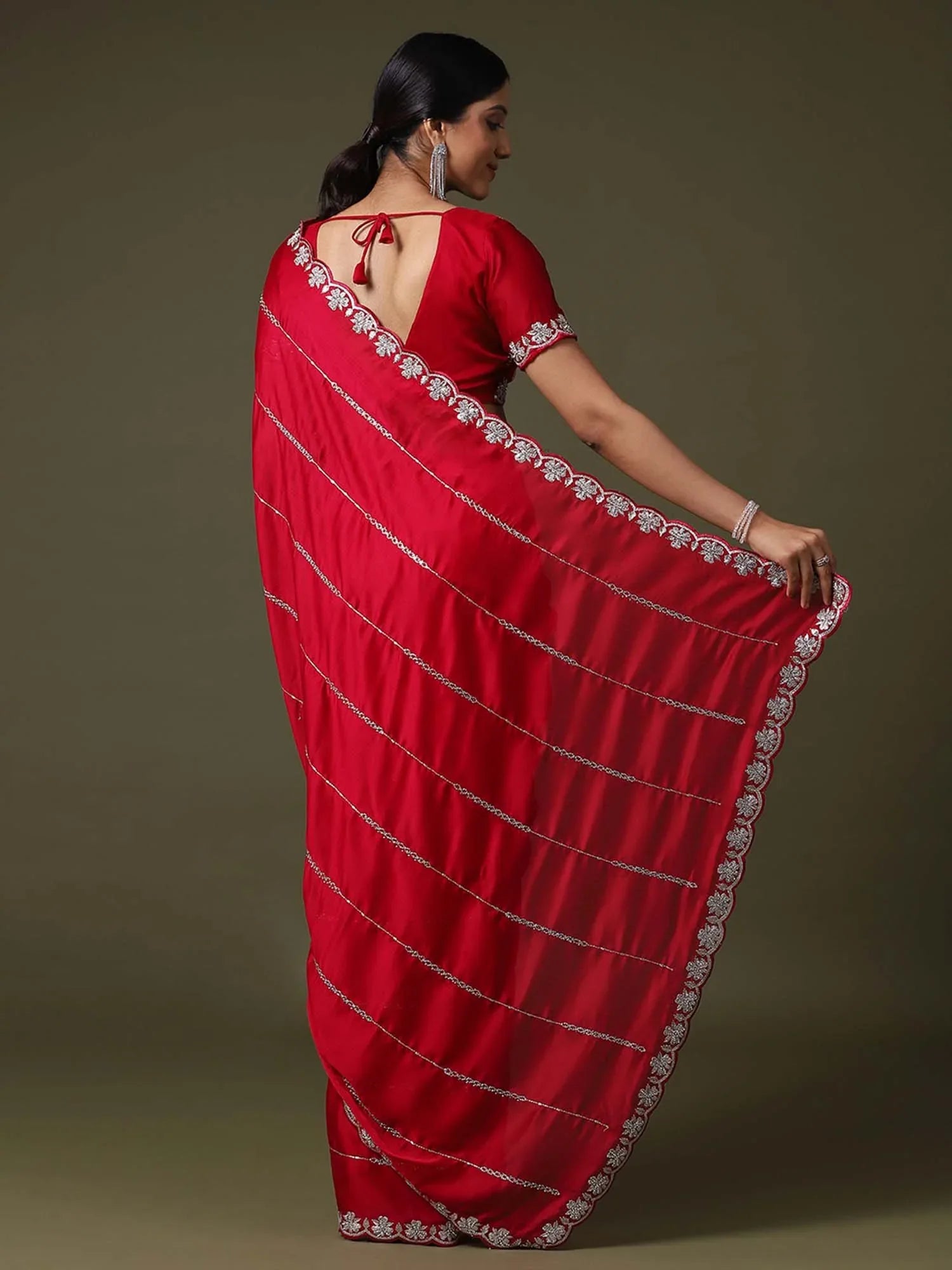 Red Party Wear Satin Silk Embellished Saree
