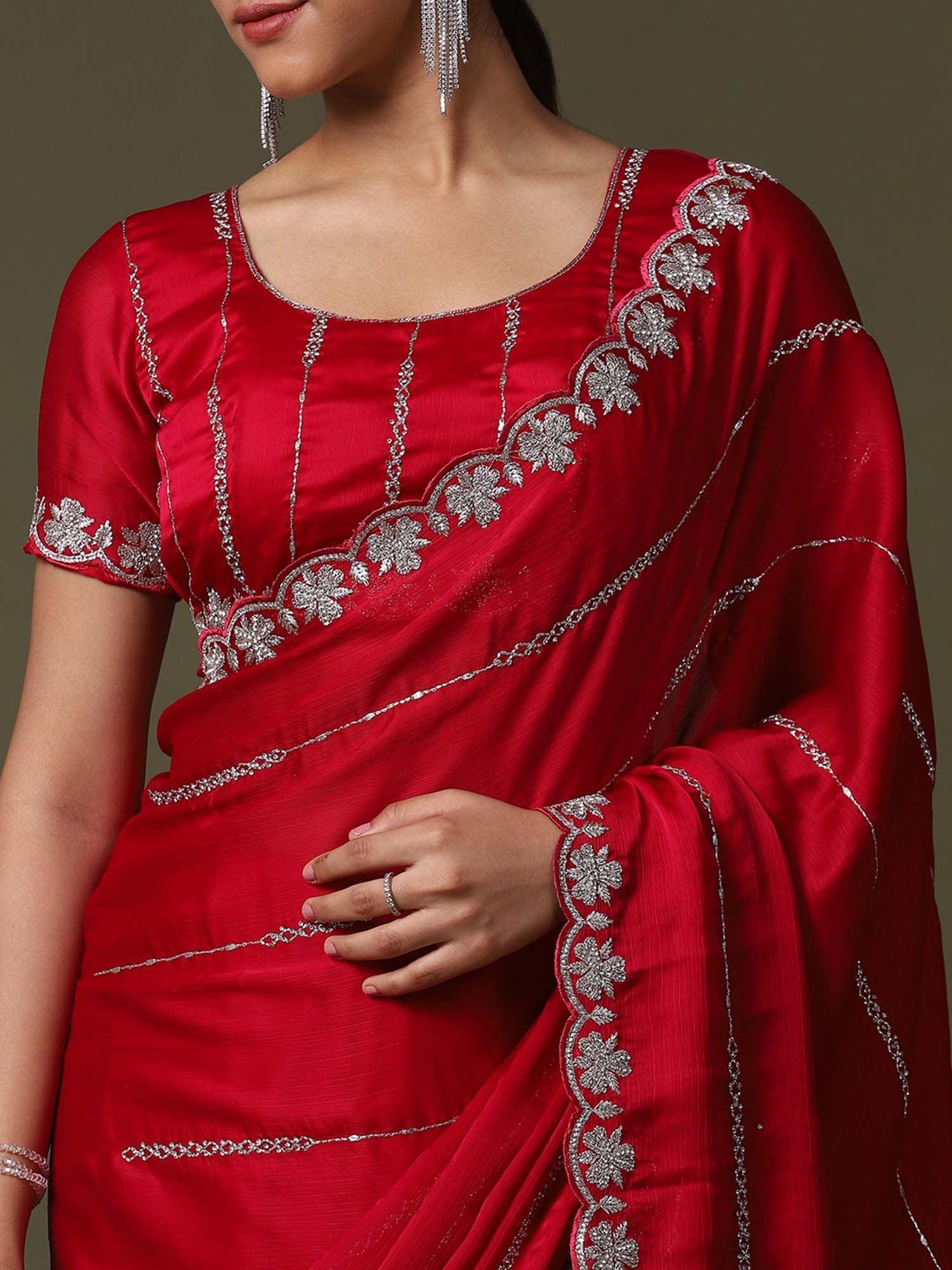 Red Party Wear Satin Silk Embellished Saree