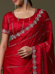 Red Party Wear Satin Silk Embellished Saree