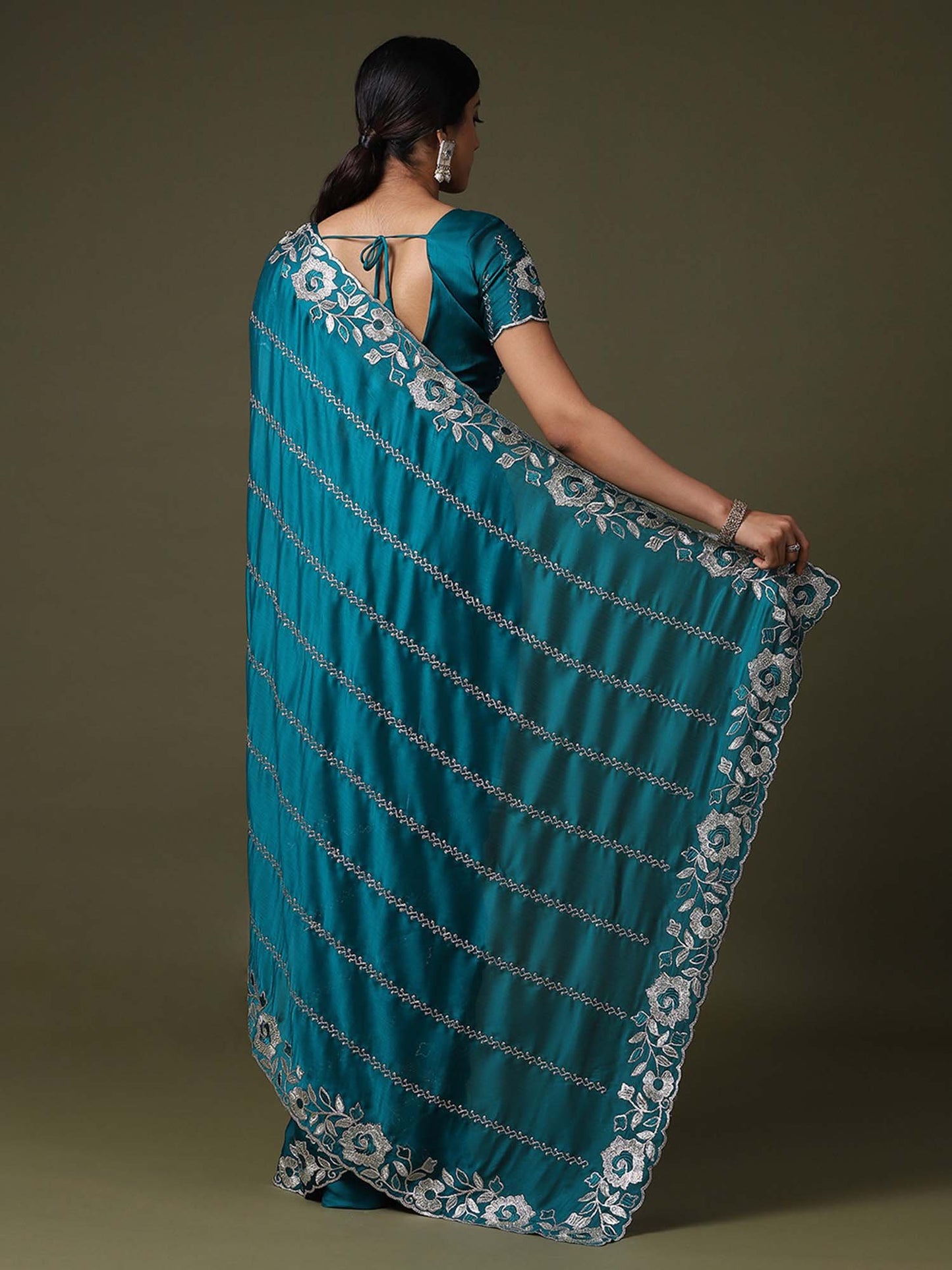 Teal Party Wear Satin Silk Embroidered Saree