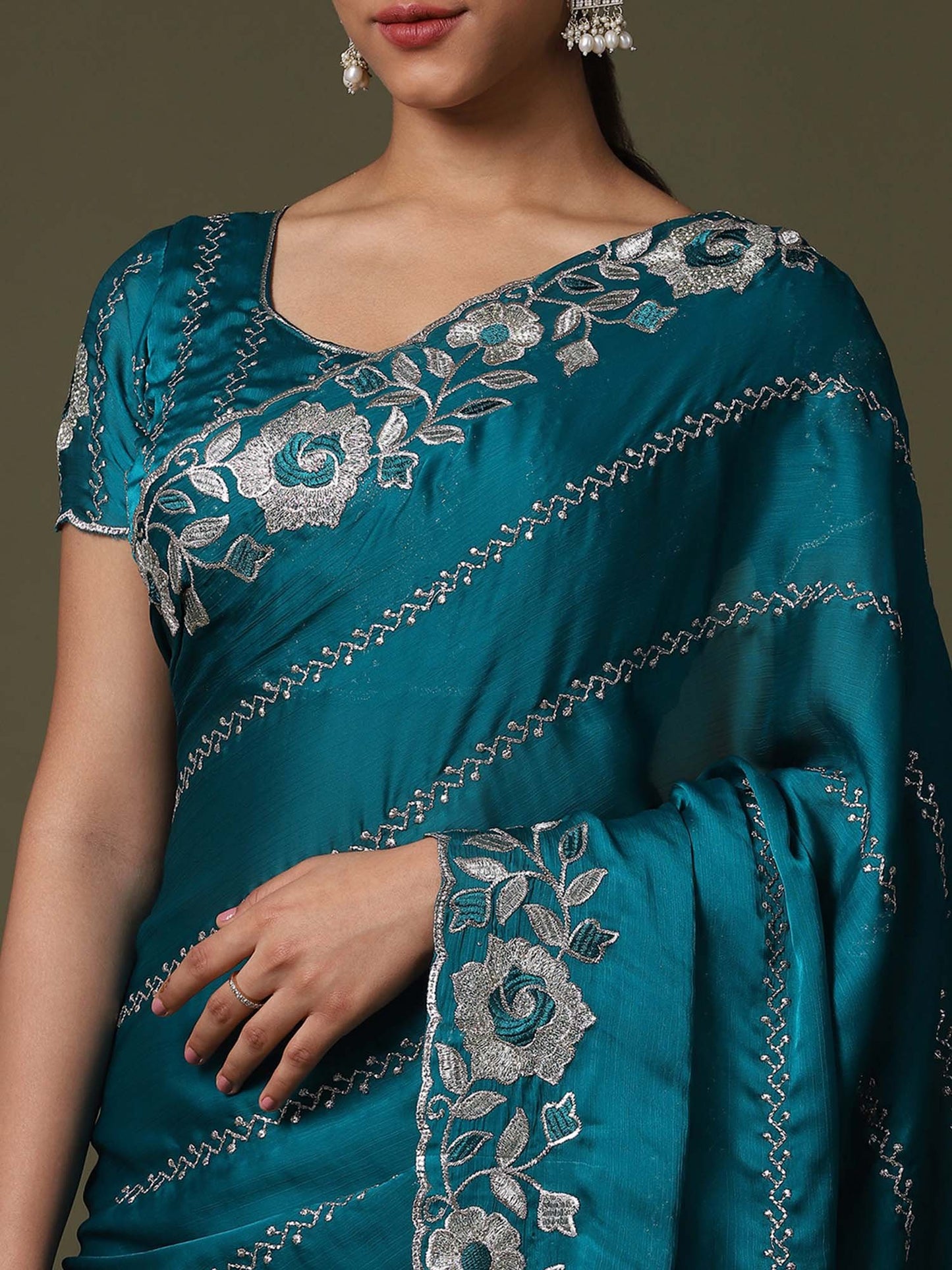 Teal Party Wear Satin Silk Embroidered Saree