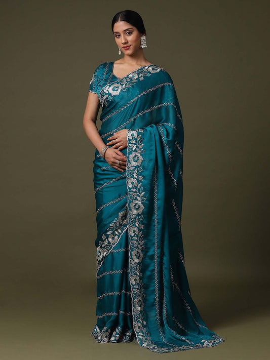 Blue Teal Party Wear Satin Silk Embroidered Saree
