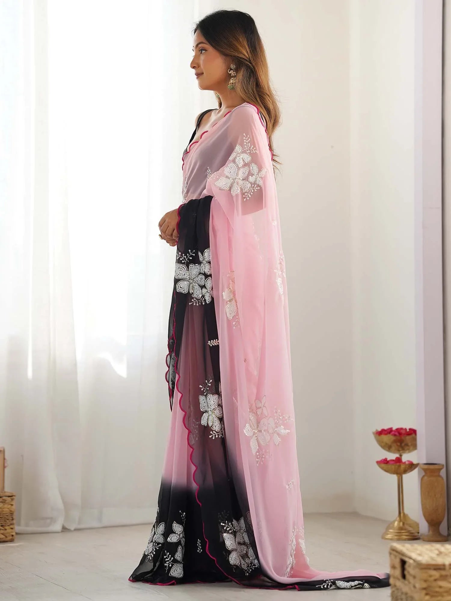 Pink Party Wear Georgette Embellished Saree - The Dori Store