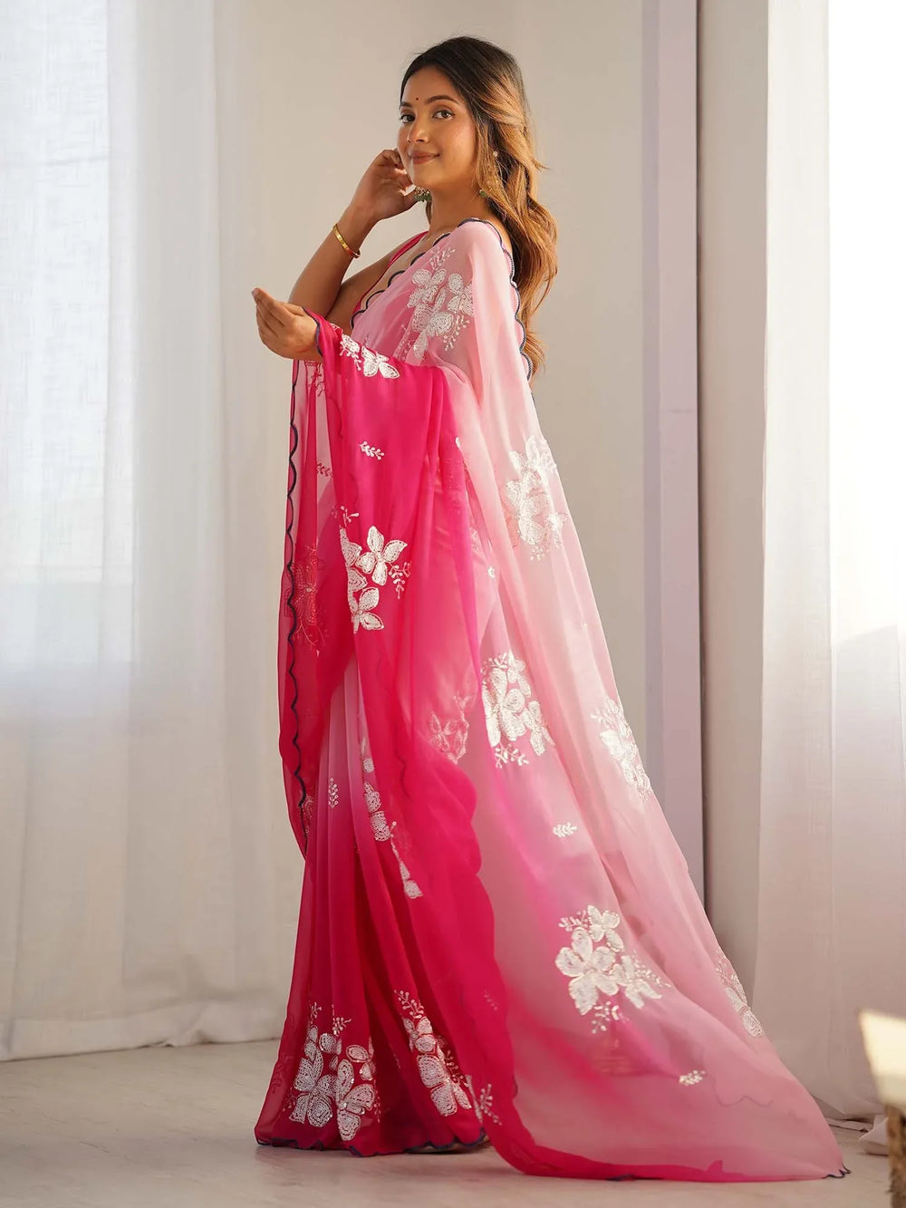 Pink Party Wear Georgette Embellished Saree - The Dori Store