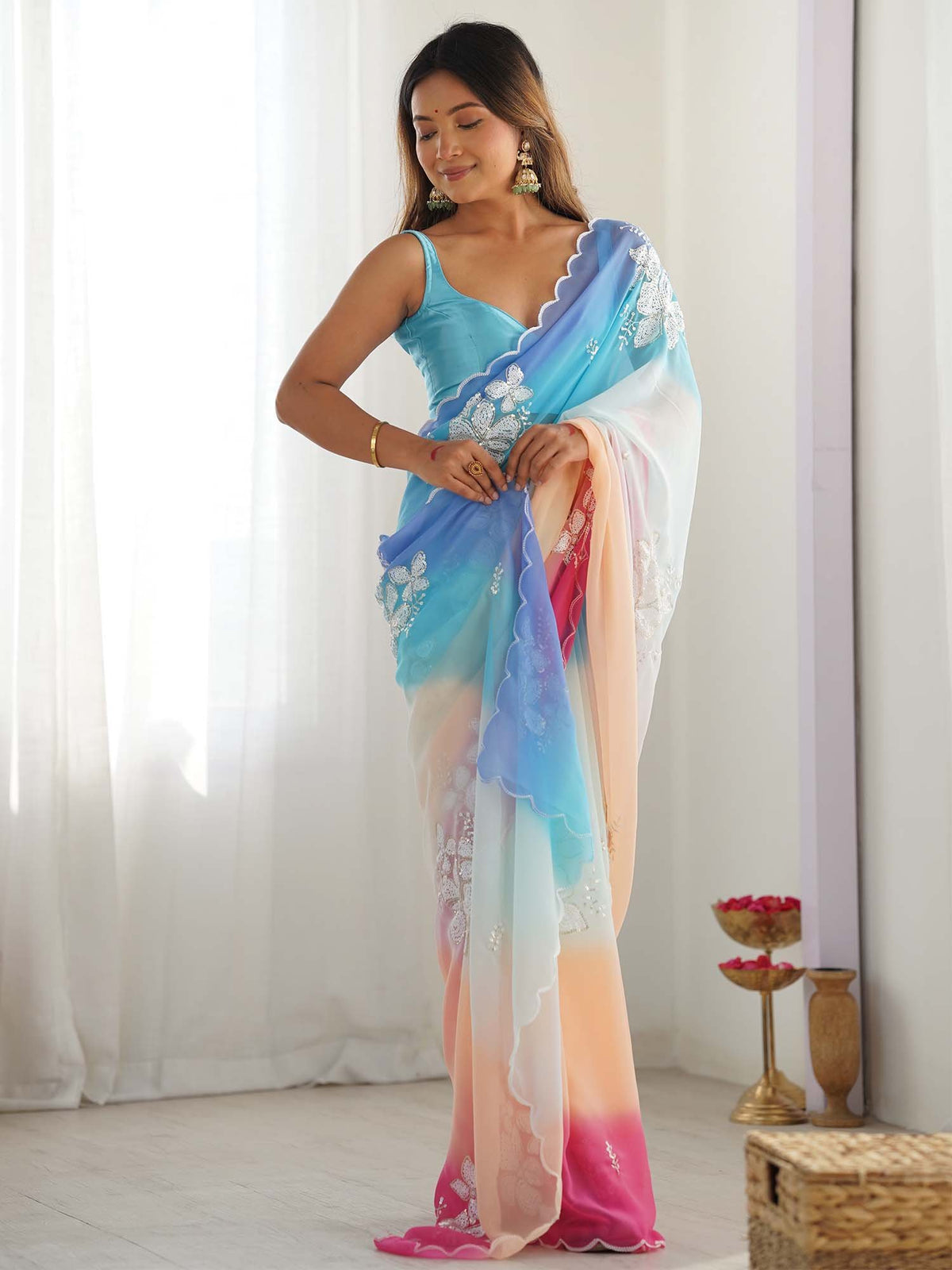 Blue Light Party Wear Georgette Embellished Saree