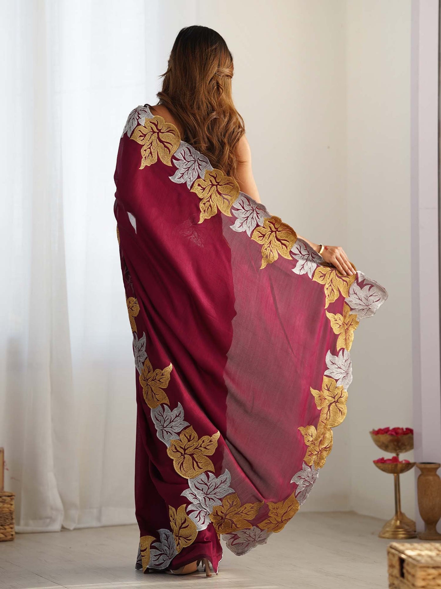 Magenta Party Wear Vichitra Silk Zari Embroidered Saree
