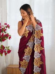 Magenta Party Wear Vichitra Silk Zari Embroidered Saree