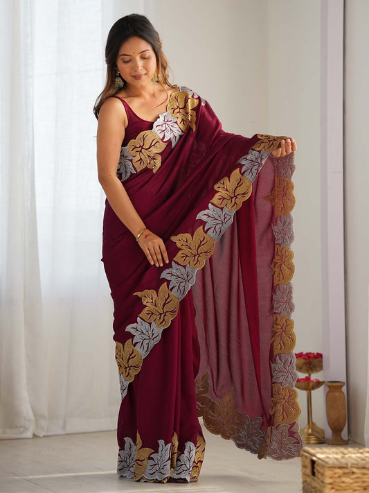 Pink Magenta Party Wear Vichitra Silk Zari Embroidered Saree