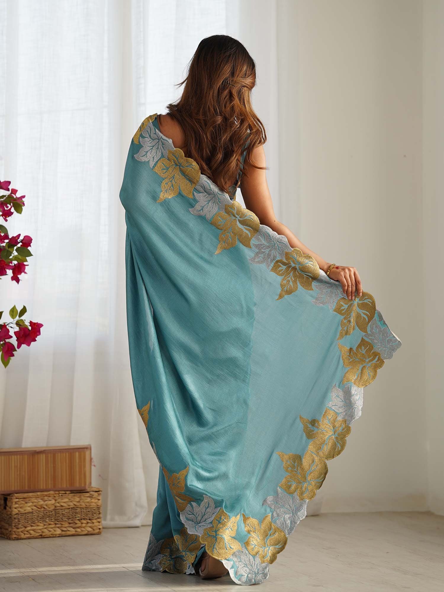 Teal Blue Party Wear Vichitra Silk Zari Embroidered Saree