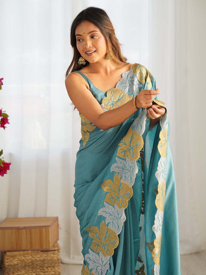 Teal Party Wear Vichitra Silk Zari Embroidered Saree