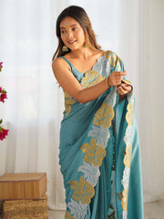 Teal Blue Party Wear Vichitra Silk Zari Embroidered Saree