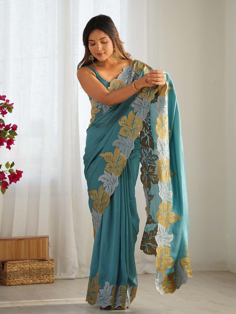 Blue Teal Party Wear Vichitra Silk Zari Embroidered Saree
