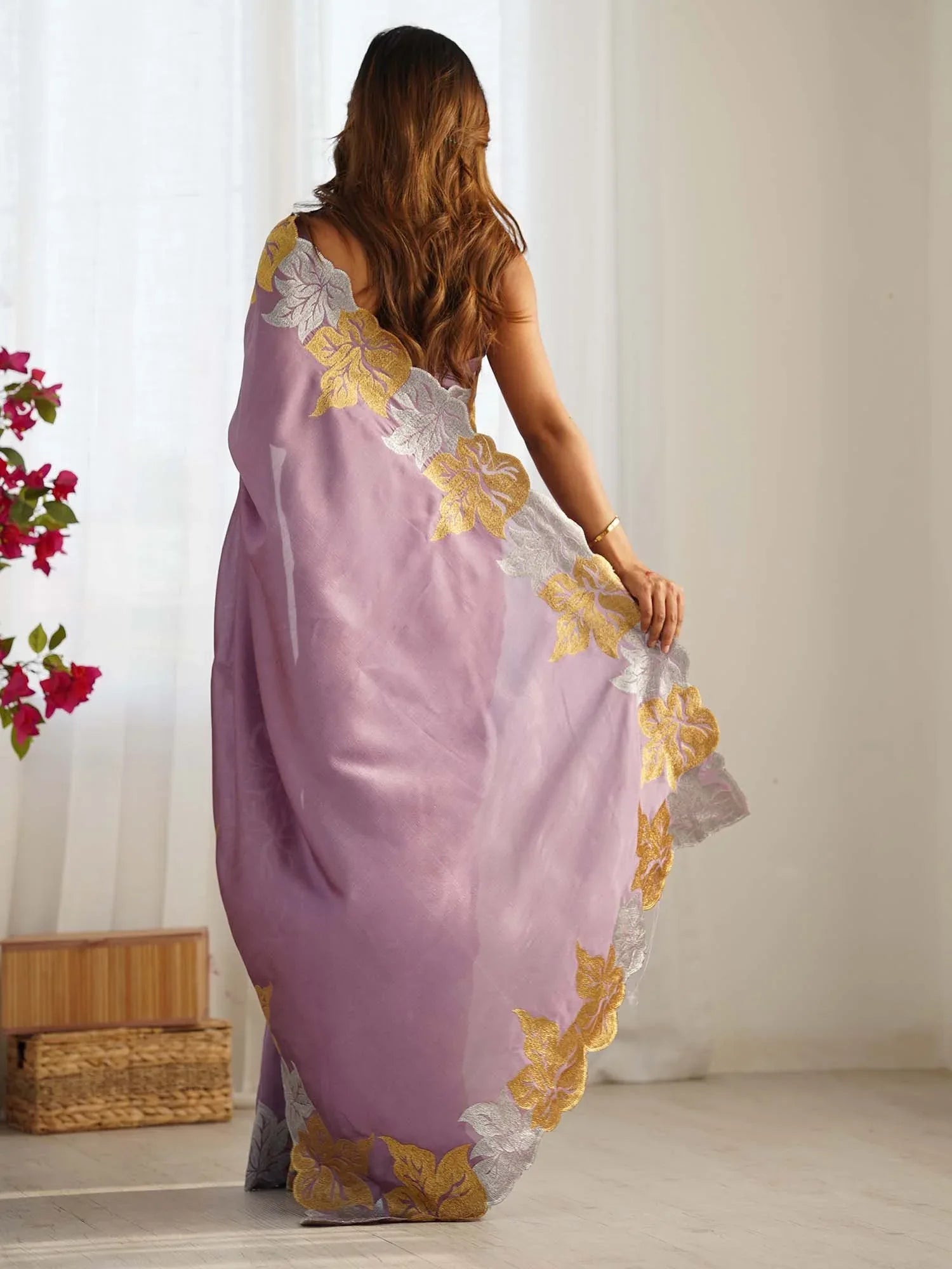 Lavendar Party Wear Vichitra Silk Zari Embroidered Saree