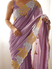 Lavendar Party Wear Vichitra Silk Zari Embroidered Saree