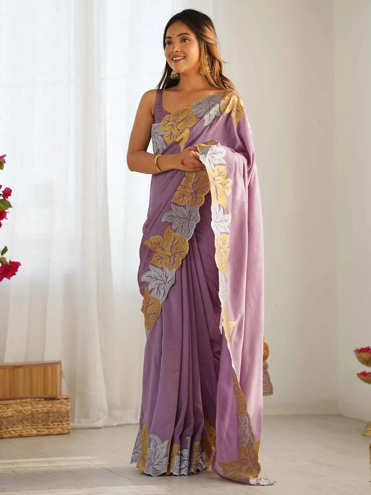 Lavender Lavendar Party Wear Vichitra Silk Zari Embroidered Saree