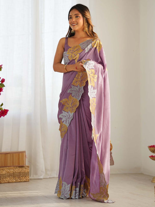 Lavender Lavendar Party Wear Vichitra Silk Zari Embroidered Saree