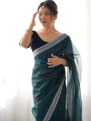 Teal Blue Party Wear Net Embellished Saree