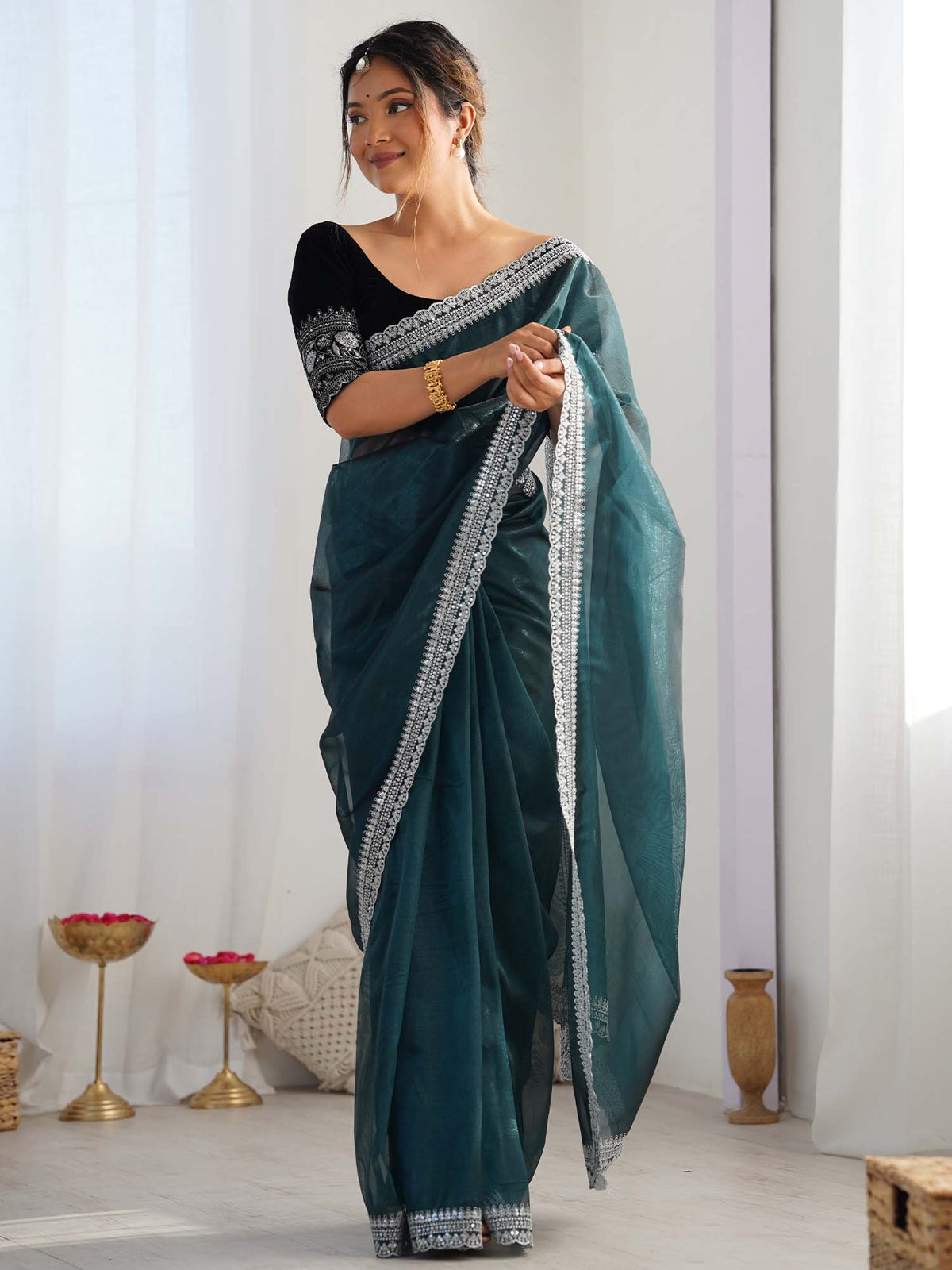 Blue Teal Party Wear Net Embellished Saree