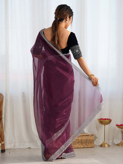 Purple Party Wear Net Embellished Saree