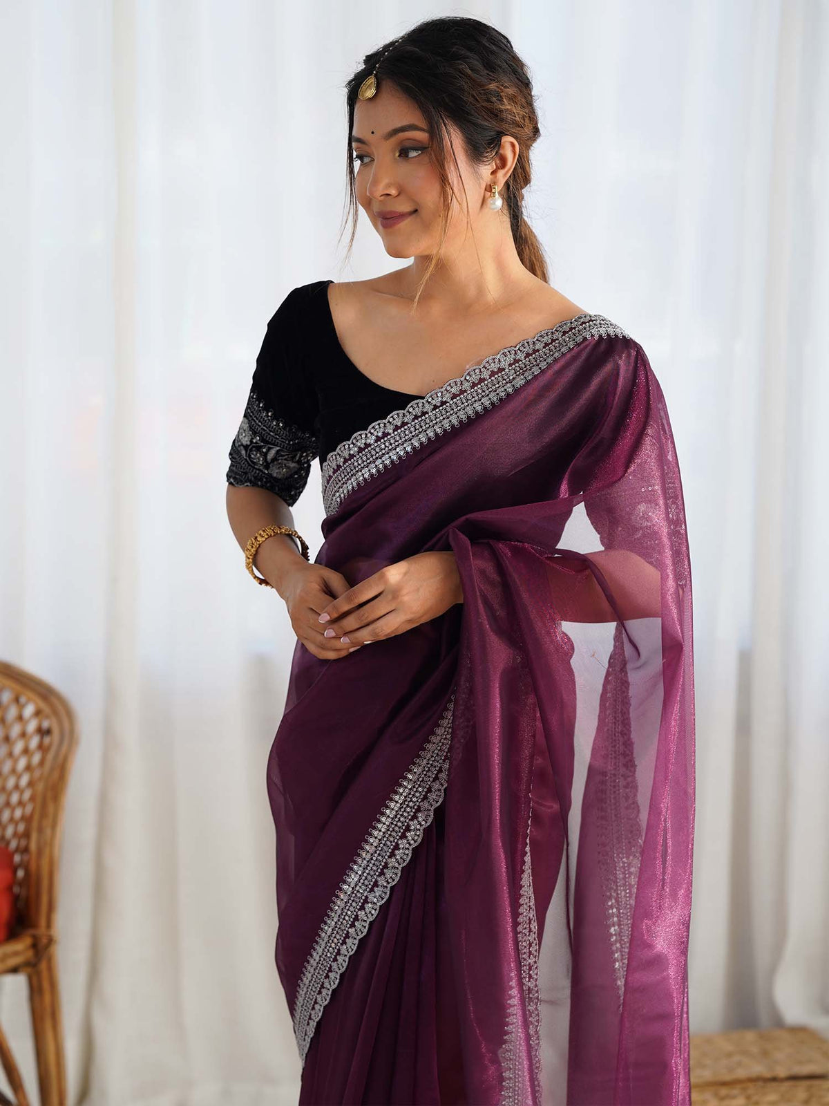 Purple Purple Party Wear Net Embellished Saree