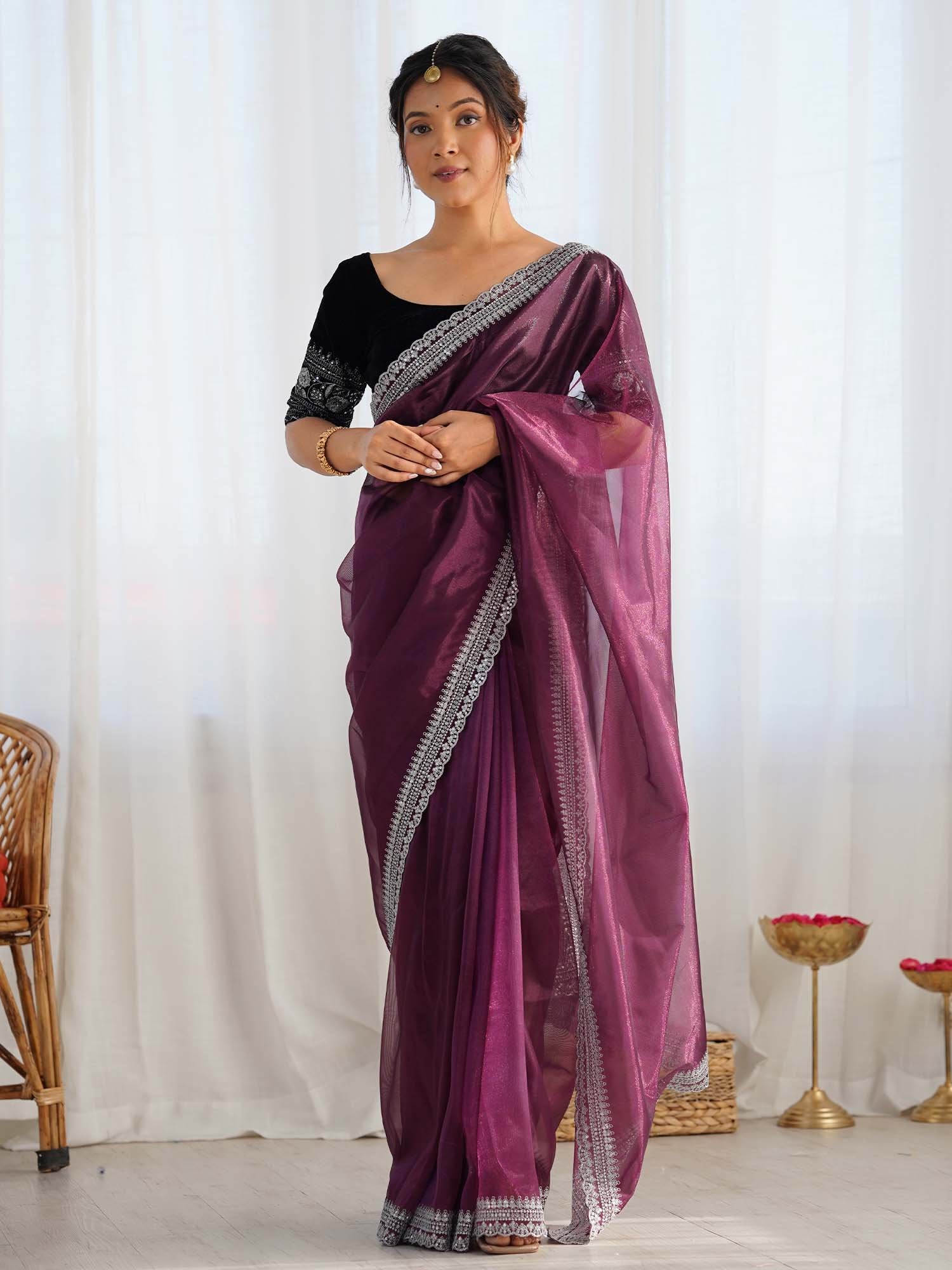 Purple Party Wear Net Embellished Saree